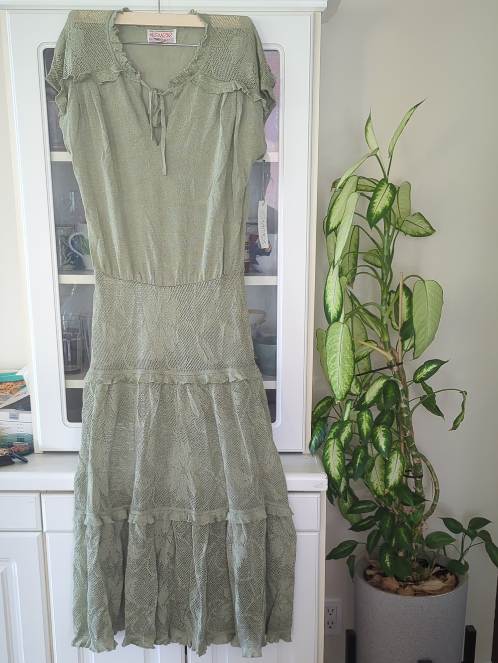 Vintage Knit Maxi Dress in Light Olive Green with Ruffle Detail